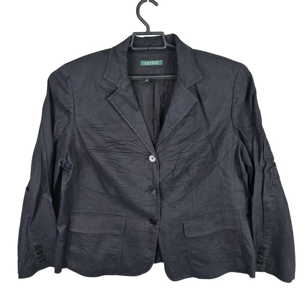 Womens Lauren Ralph Lauren Black 100% Linen Blazer Jacket 3 Button Size 14W